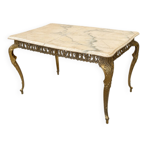 Table basse dorée en bronze Louis XV avec plateau marbre blanc
