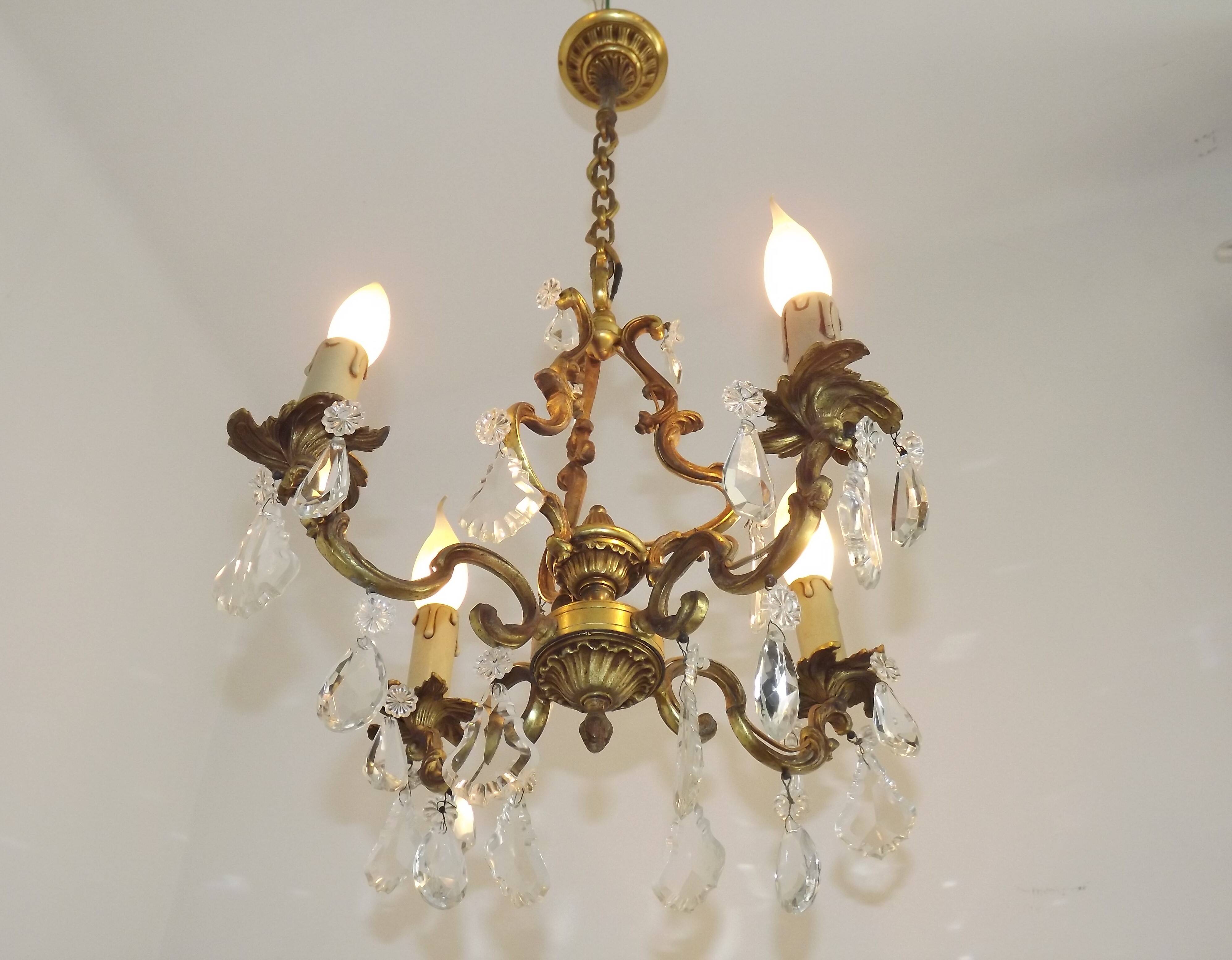 French Antique Art Nouveau 4 Light 3 Side Brass Crystal Cage Chandelier