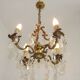 French Antique Art Nouveau 4 Light 3 Side Brass Crystal Cage Chandelier