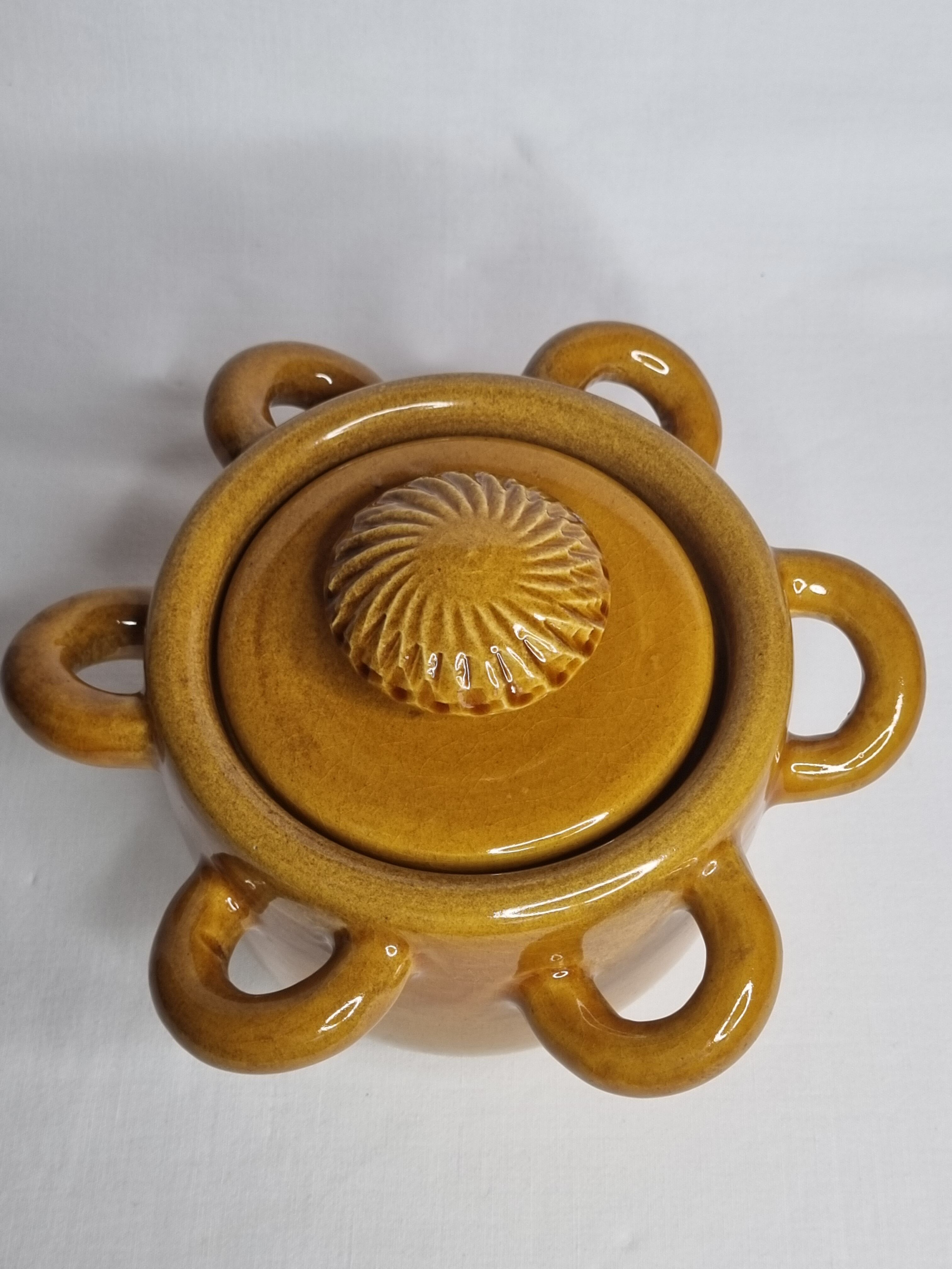 Vintage ceramic pot, ochre, with 8 handles