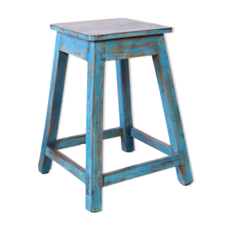 Tabouret d'atelier en teck birman patine bleue d'origine