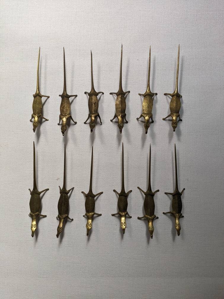 Set of 12 Bronze Knife Rests African Art Handcrafted Crocodiles