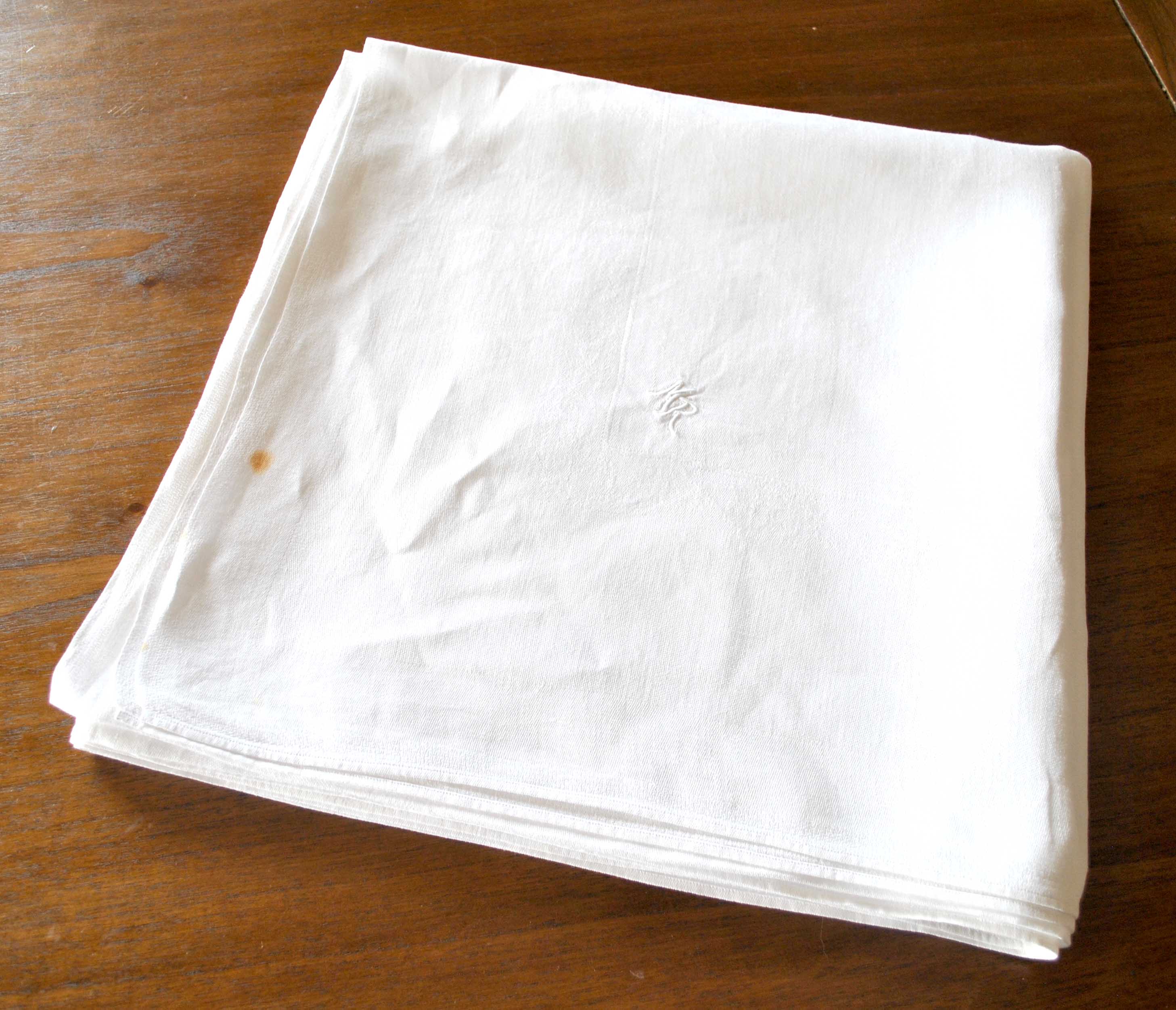 Vintage damask cotton tablecloth for round table monogram MR *D4*