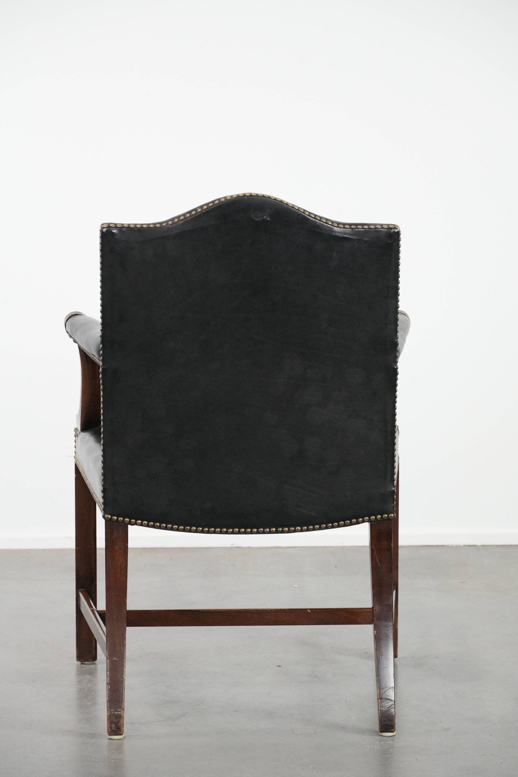 Wooden and black cow leather antique English Gainsborough side/desk/chair