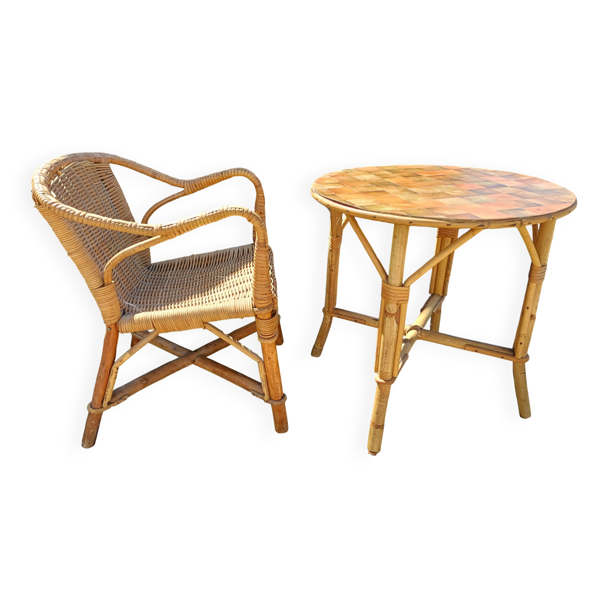 Vintage Bamboo and Rattan Children's Table + Armchair