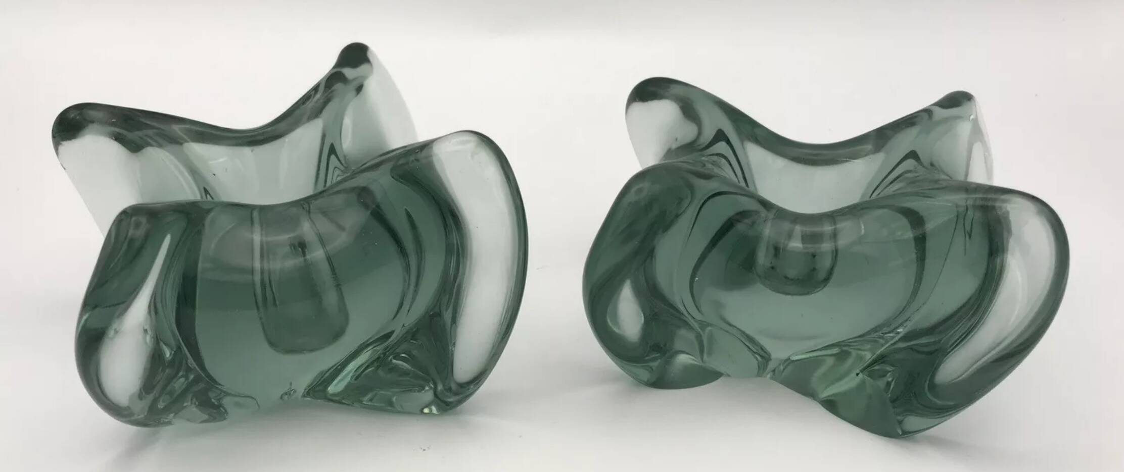 Pair of vintage blue/green tinted glass candlesticks from the 70s