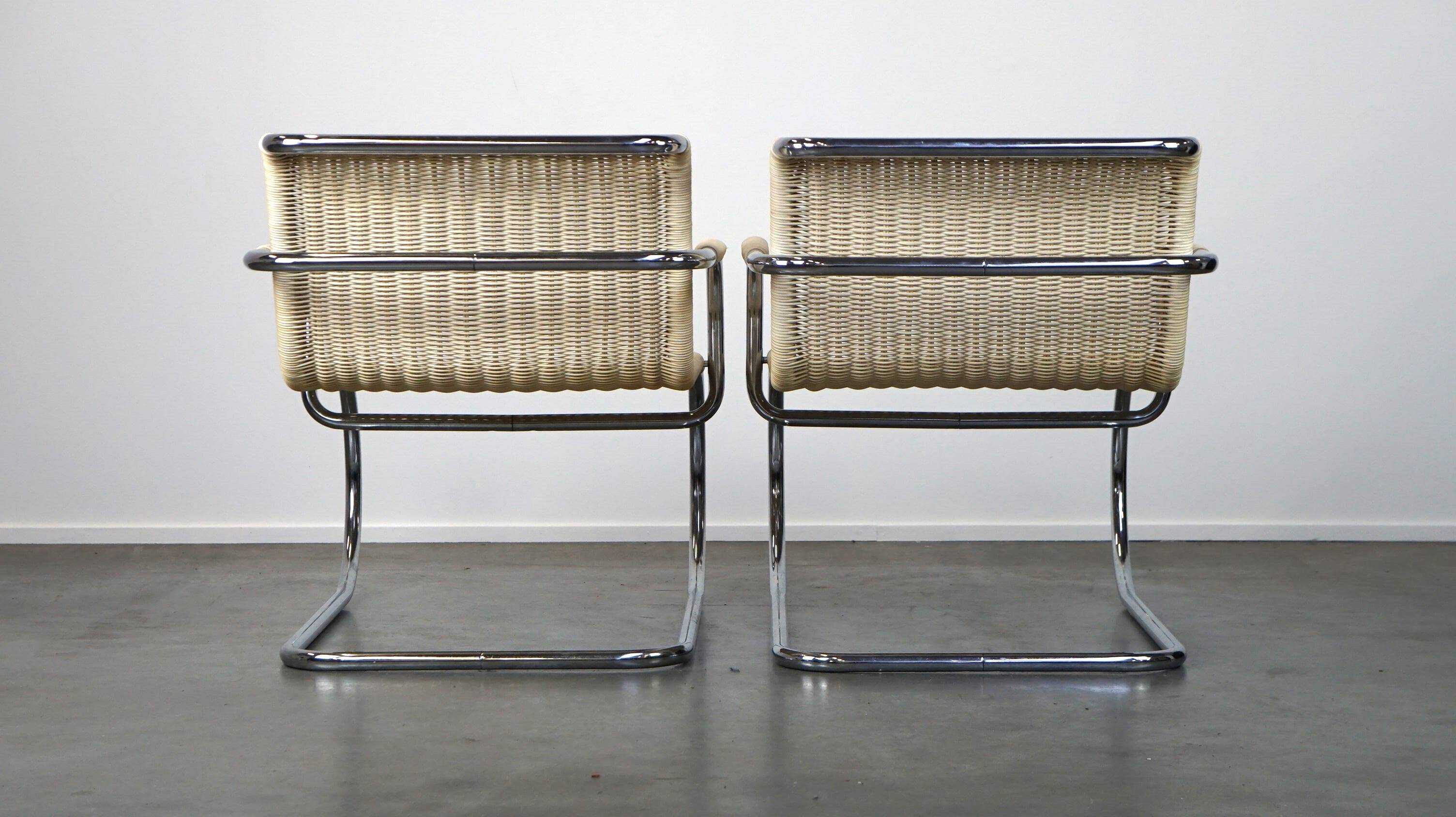 Set of two vintage design chairs by Franco Albini for Tecta, chrome and rattan