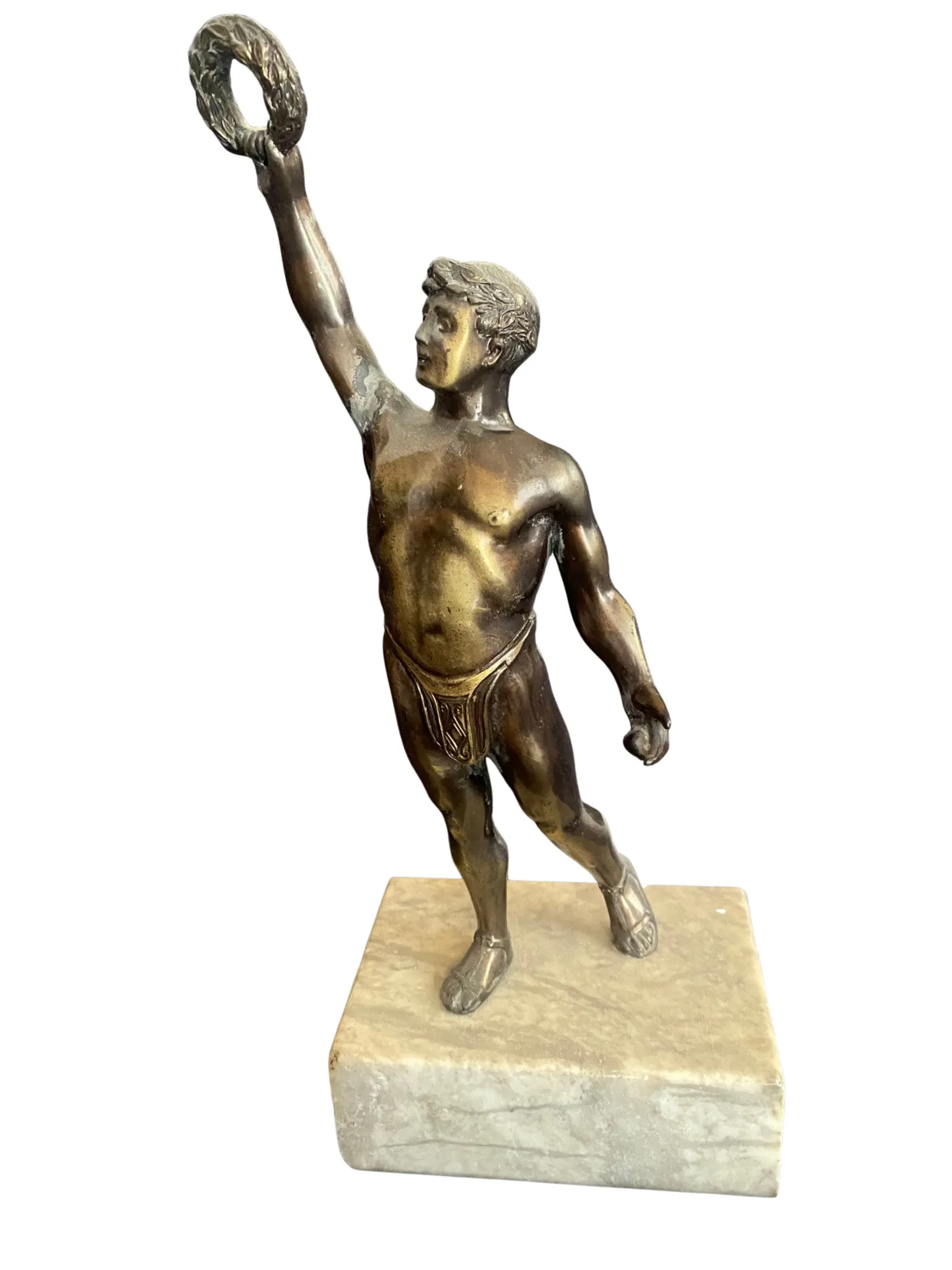 Antique bronze sculpture on a marble base, Roaring Twenties, around 1930.