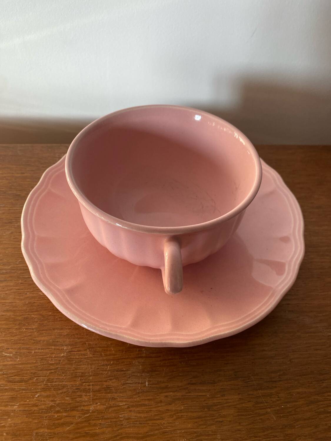 Antique salins les bains cup + saucer pink ceramic france vintage