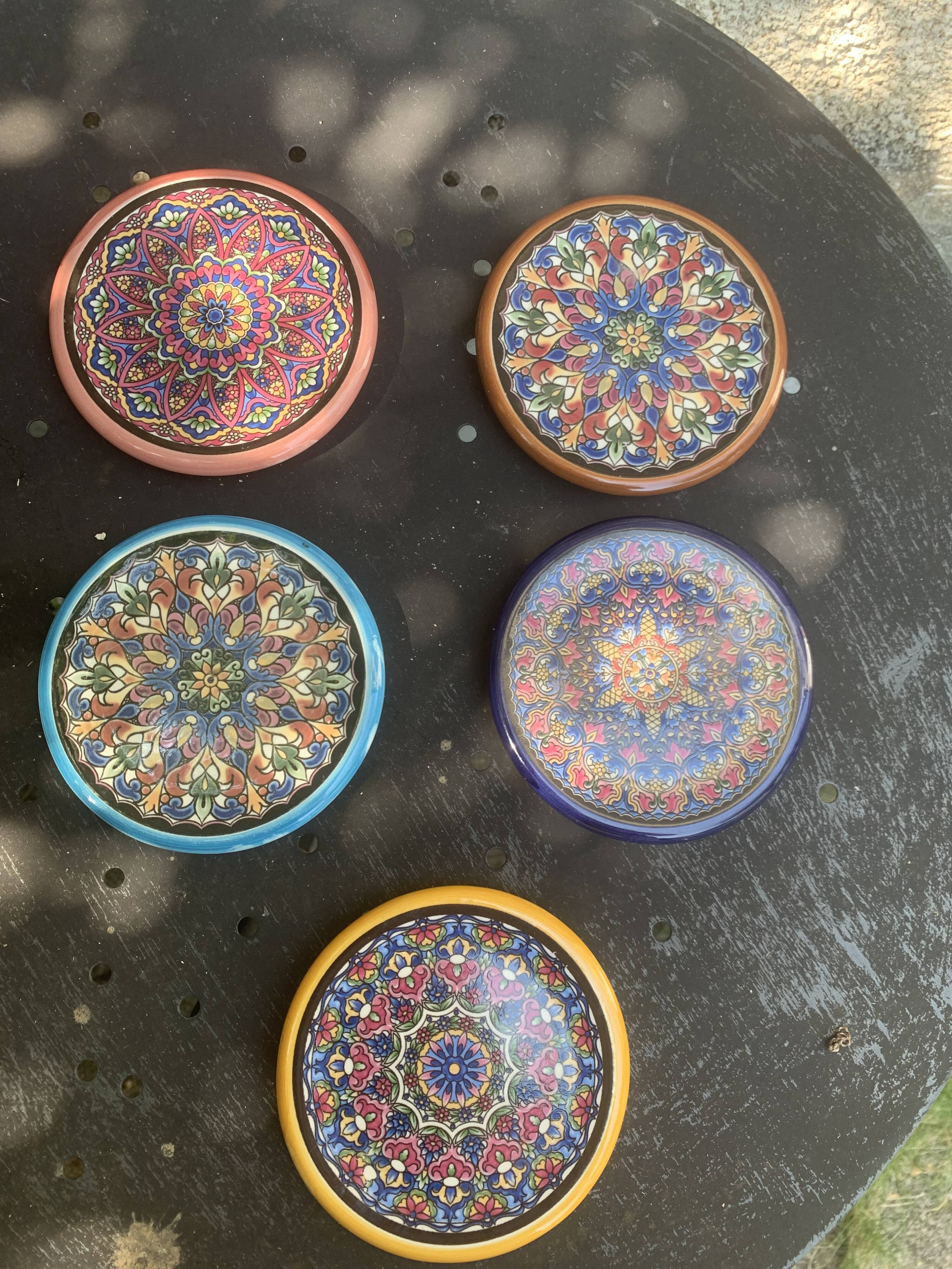 5 vintage handcrafted enameled ceramic coasters