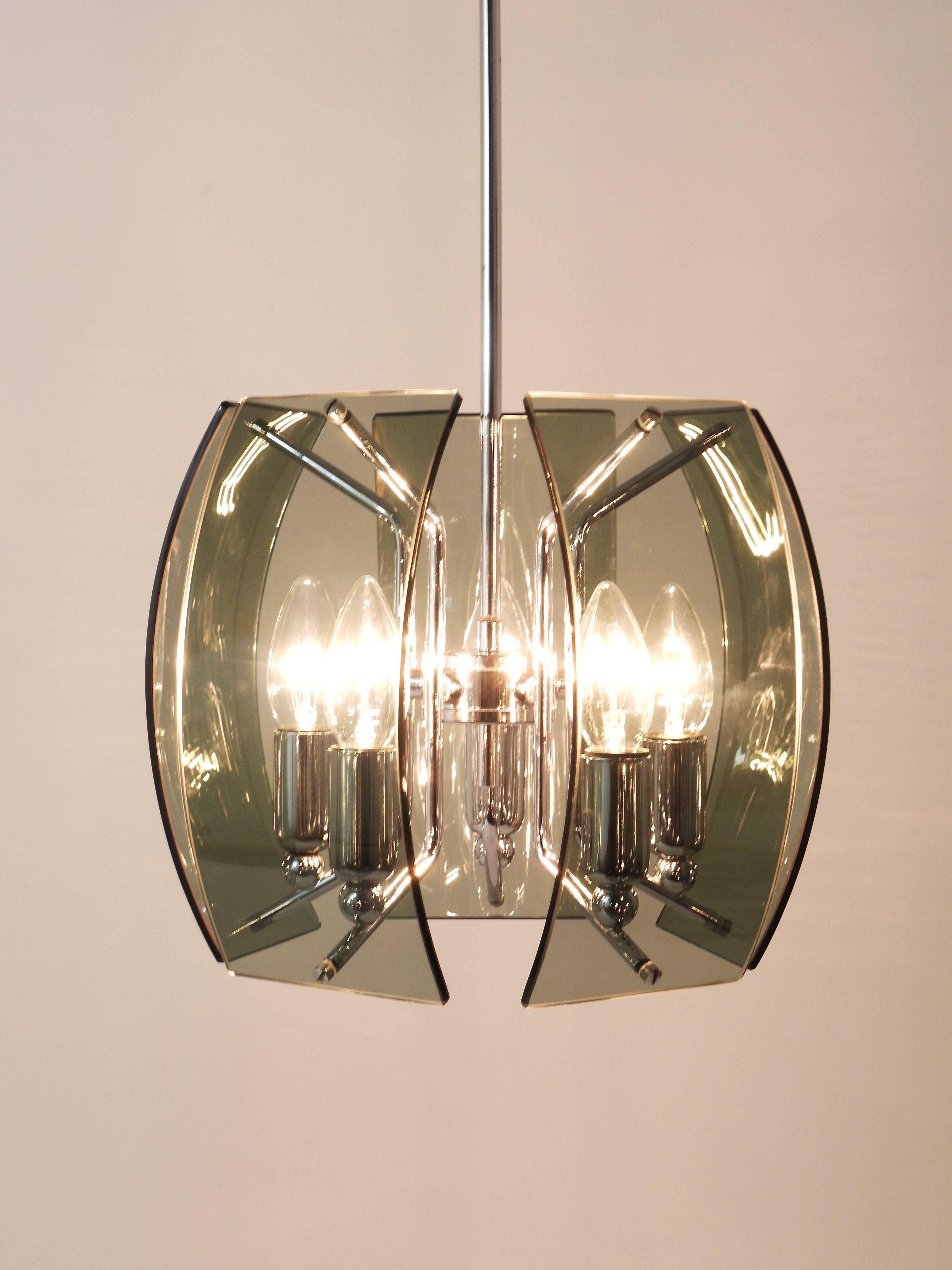 Glass and chrome chandelier in the Fontana Arte style, mid-century, Italy, 1960s.