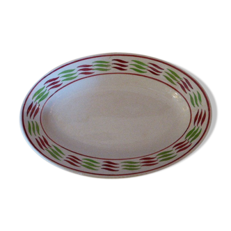 Plat de service en faïence motifs géométriques rouge et vert vintage, estampillé KG Luneville