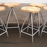 Set of 6 wooden stools with adjustable metal legs