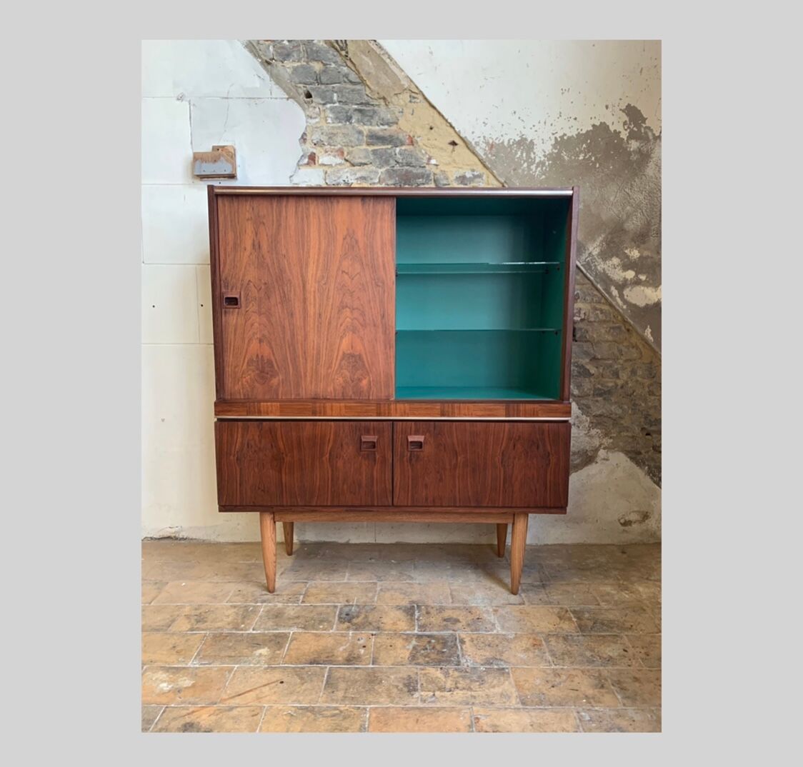 Vintage rosewood veneer top sideboard and dark green interior