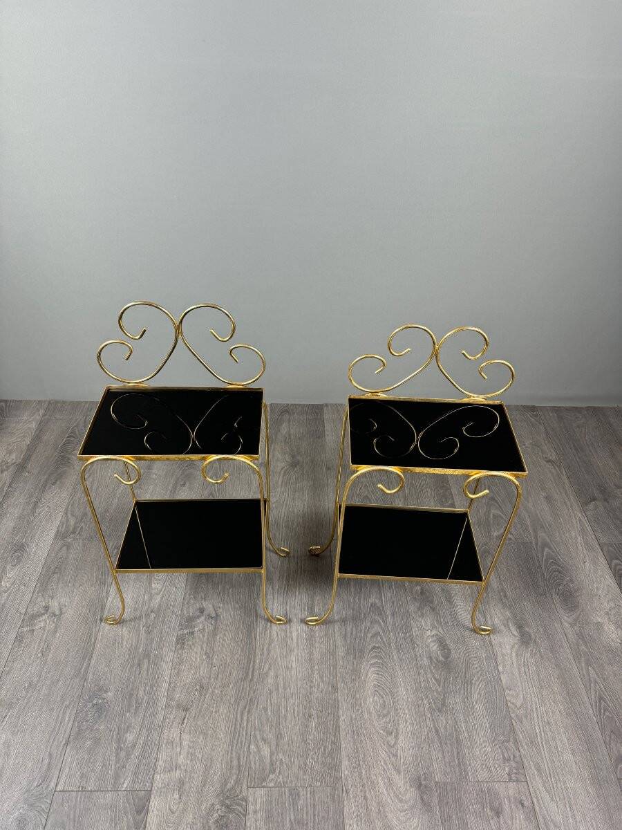 Pair of vintage side tables in gilt metal, with glazed ceramic tops