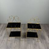 Pair of vintage side tables in gilt metal, with glazed ceramic tops