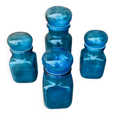 Lots de 4 pots en verre bleu vintage