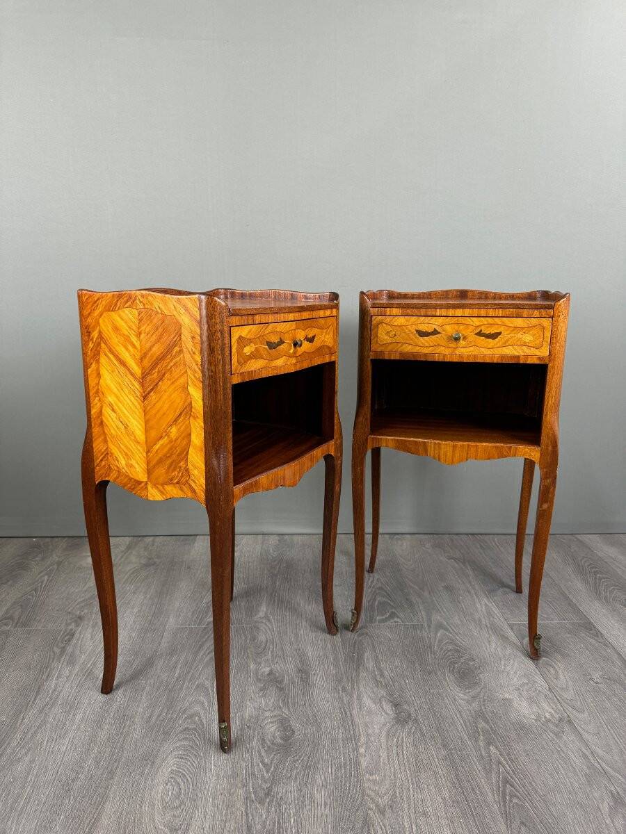 Pair of marquetry bedside tables, 20th century