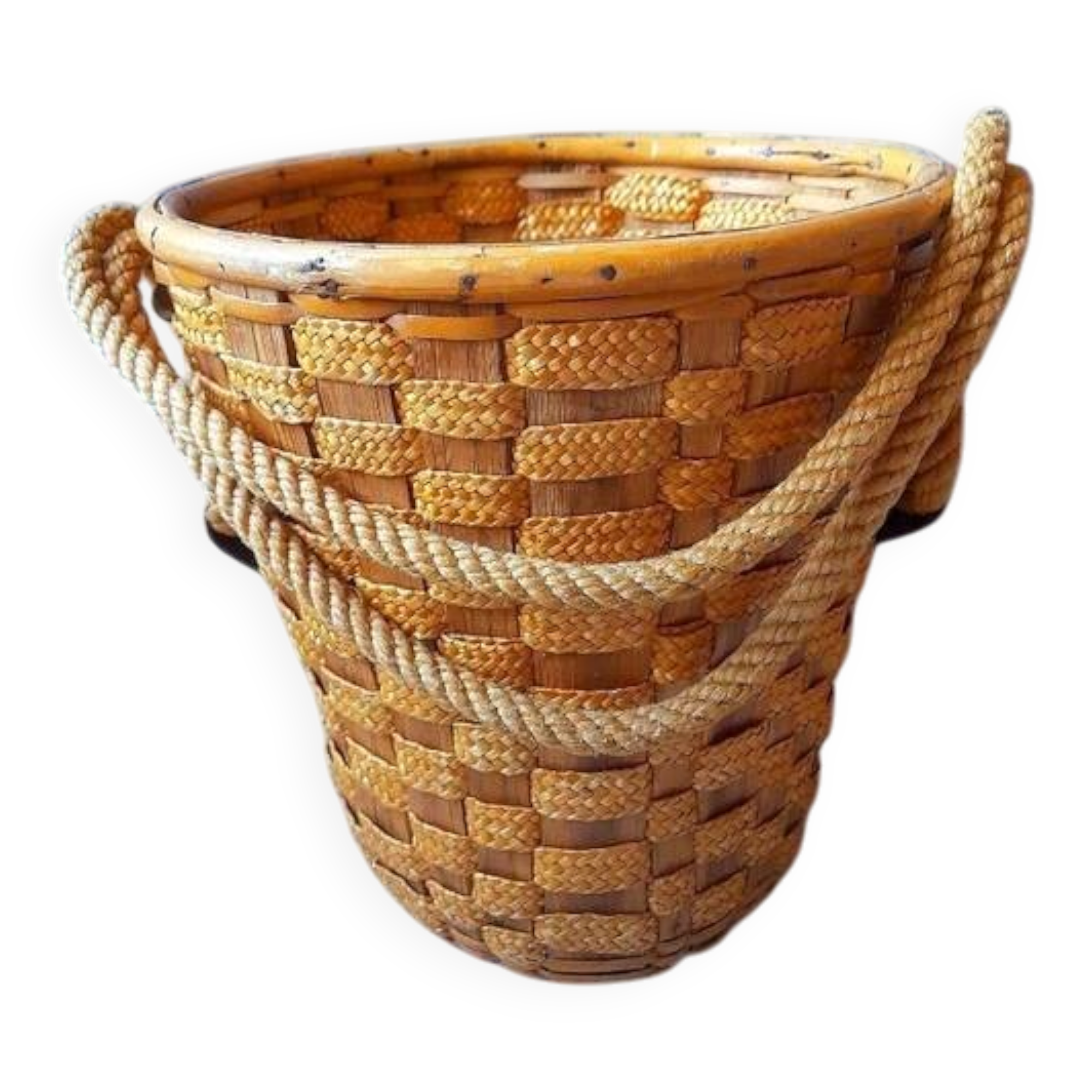 Cache pot suspendu rotin et corde 1960