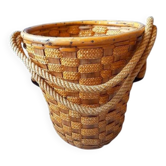 Cache pot suspendu rotin et corde 1960