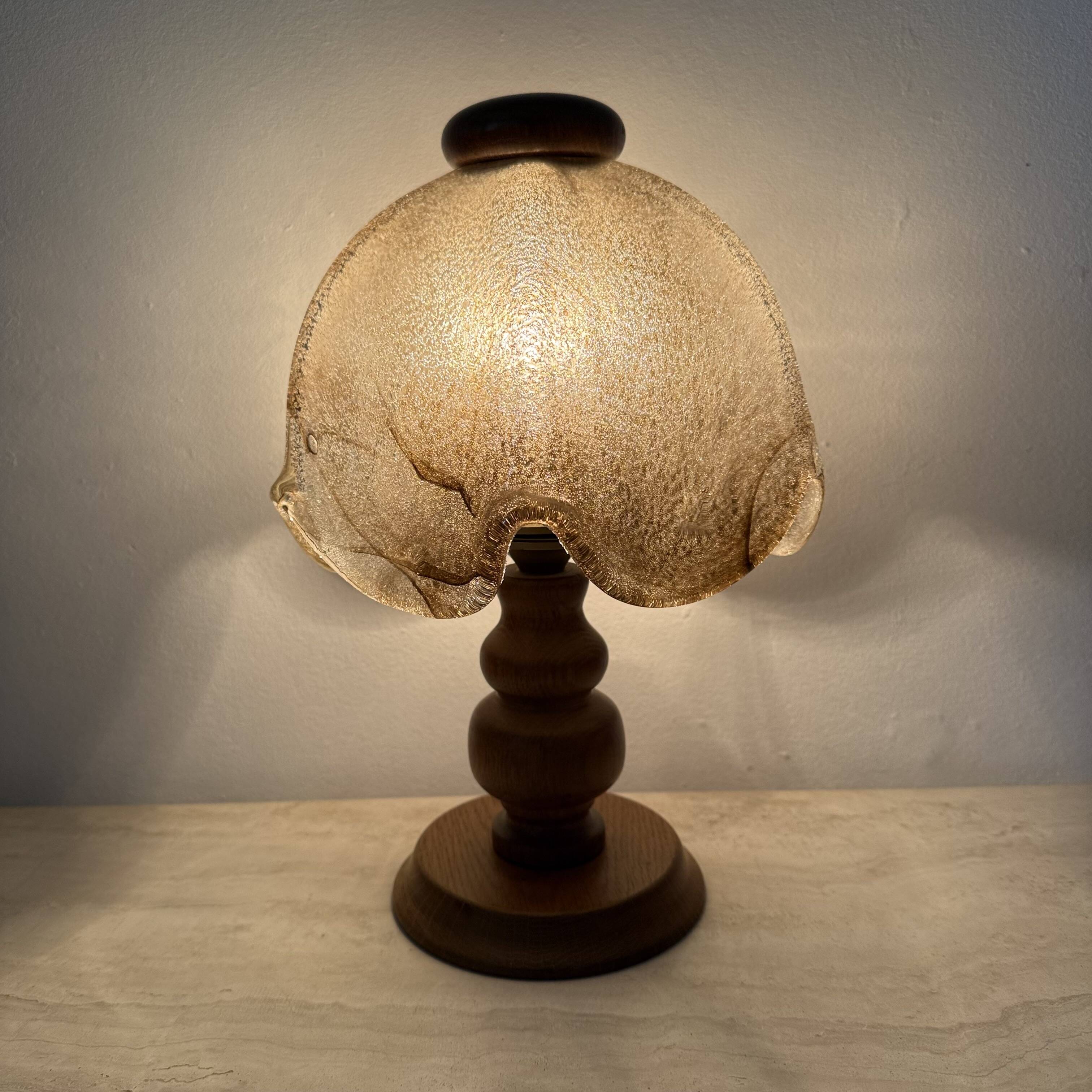 Vintage brutalist glass table lamp with solid oak wooden base , 1970s