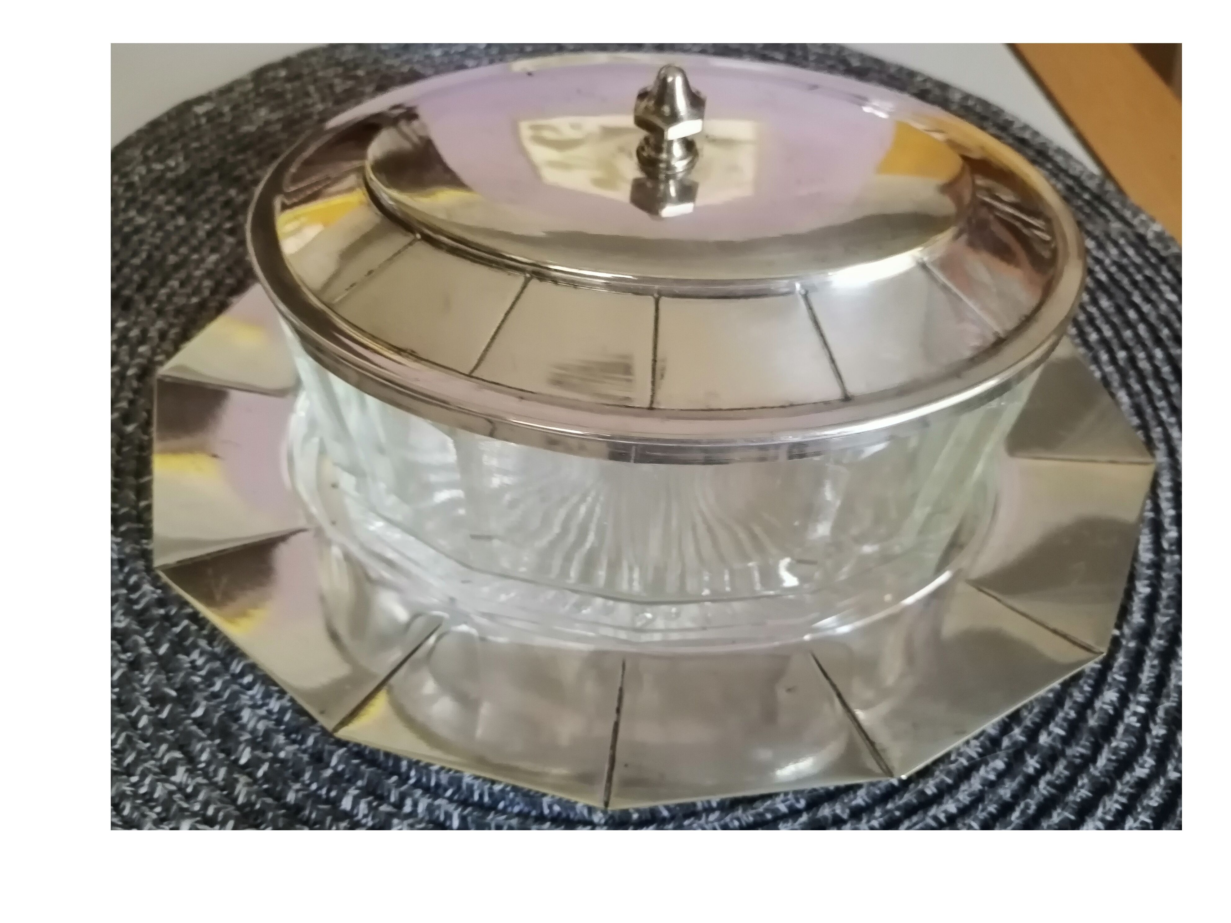 Glass sugar on art deco silver tray