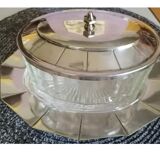 Glass sugar on art deco silver tray