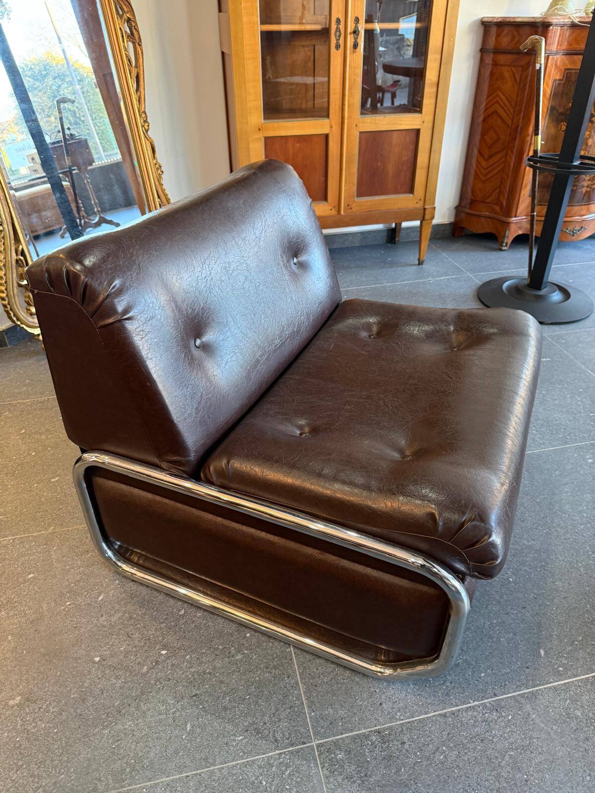 Beka-france convertible armchair in brown leather – chrome structure – 1970s