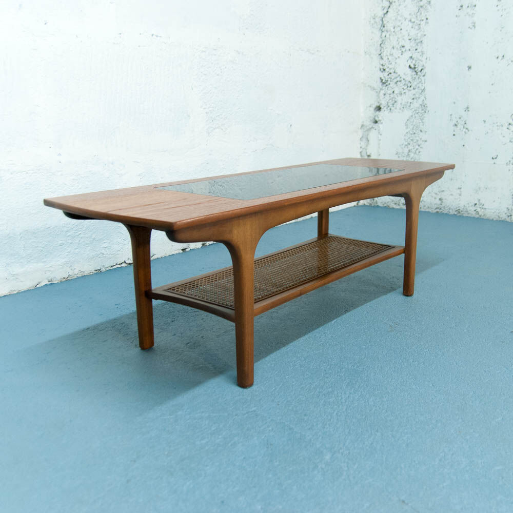 Cane, glass and teak coffee table