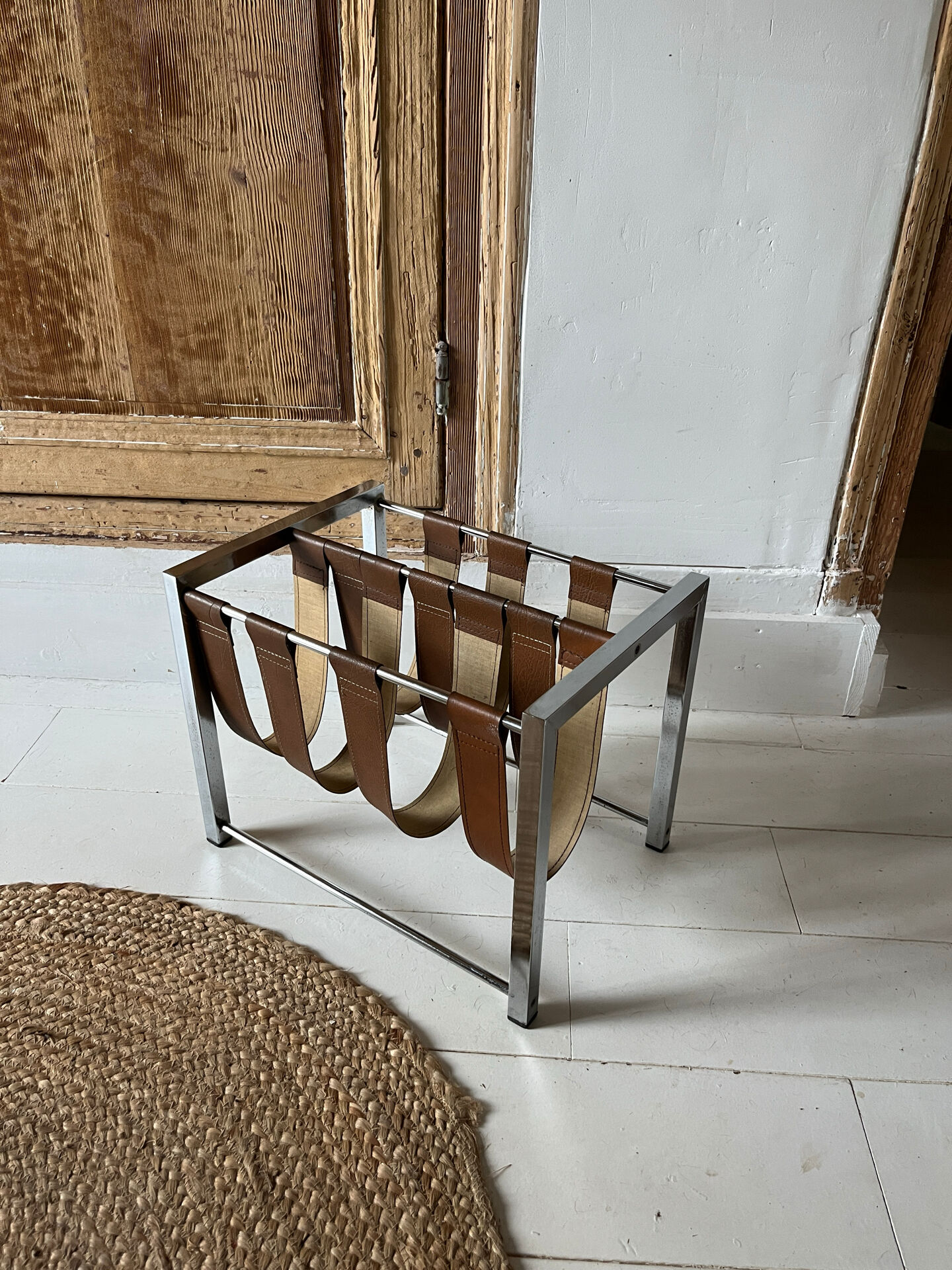 Vintage chrome steel and leather magazine rack – 1970s