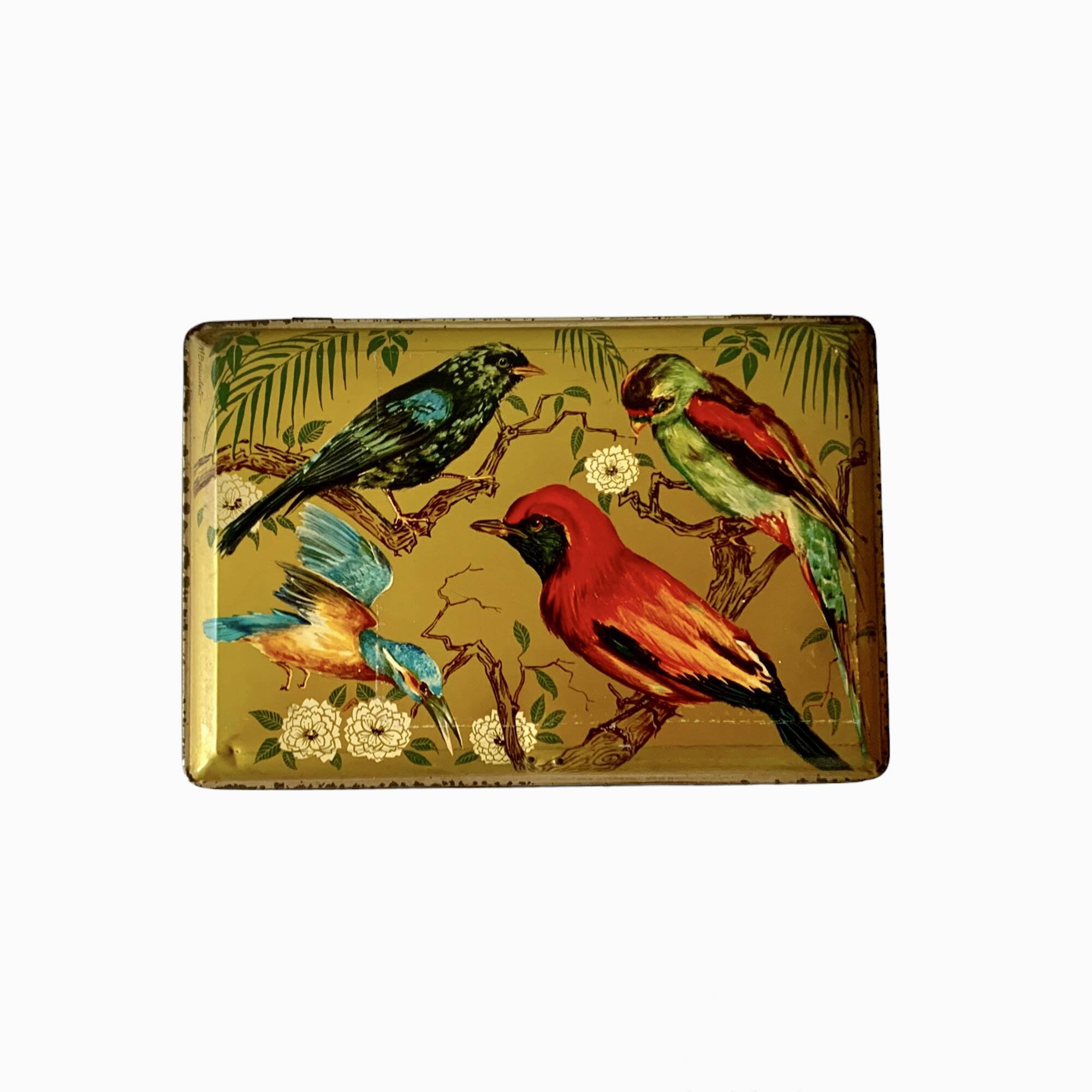 Large metal box - lithograph signed M. Beaudet - bird decoration