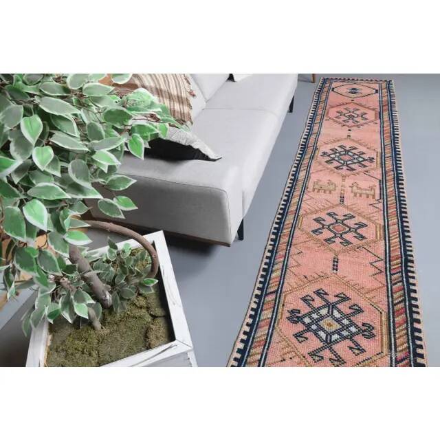 Vintage Turkish Oushak handmade wool cotton pink runner rug 81x368
