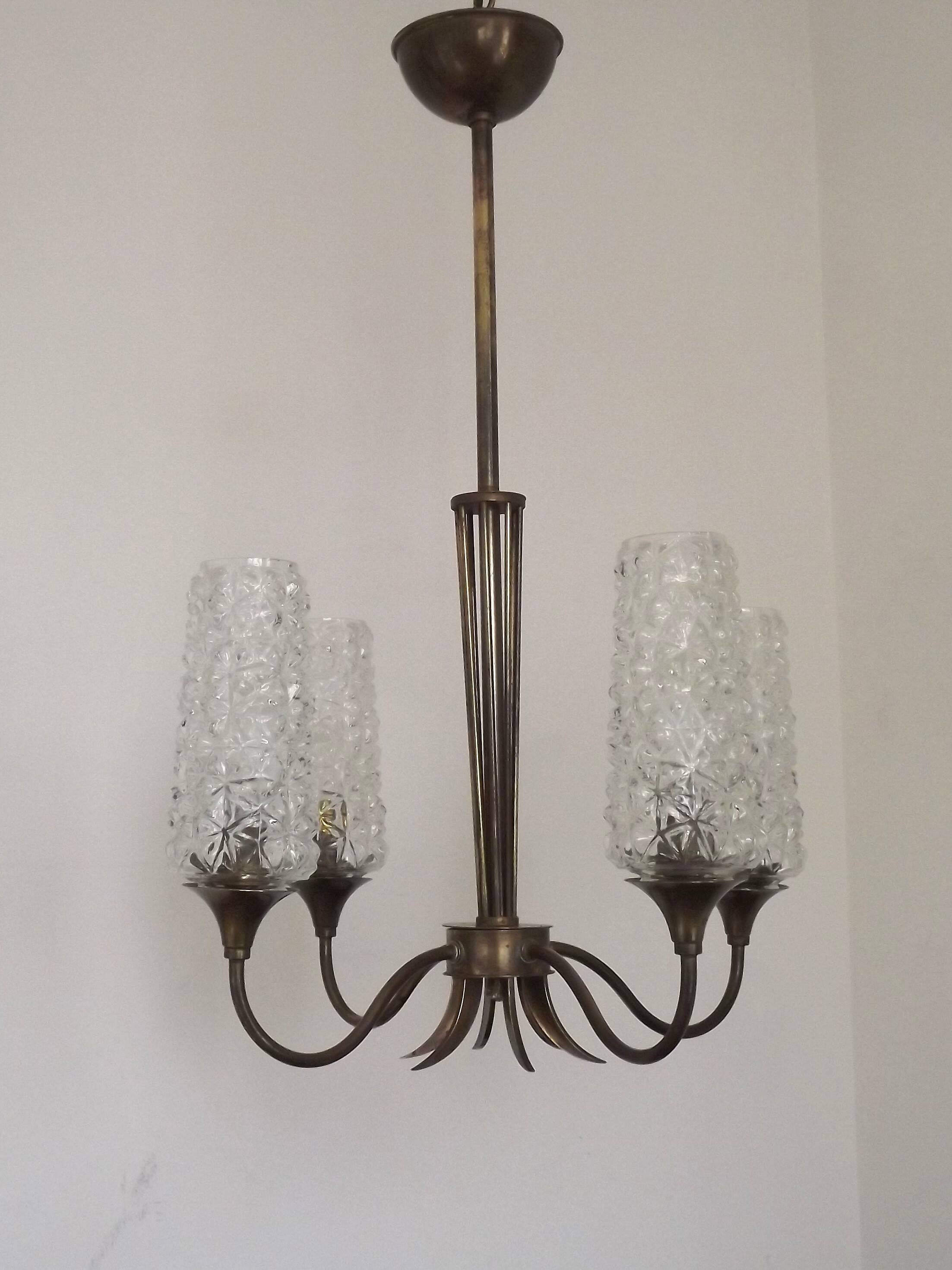 French vintage retro chandelier with 4 lights in brass and bronze with cut glass shades.