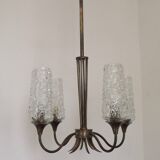 French vintage retro chandelier with 4 lights in brass and bronze with cut glass shades.