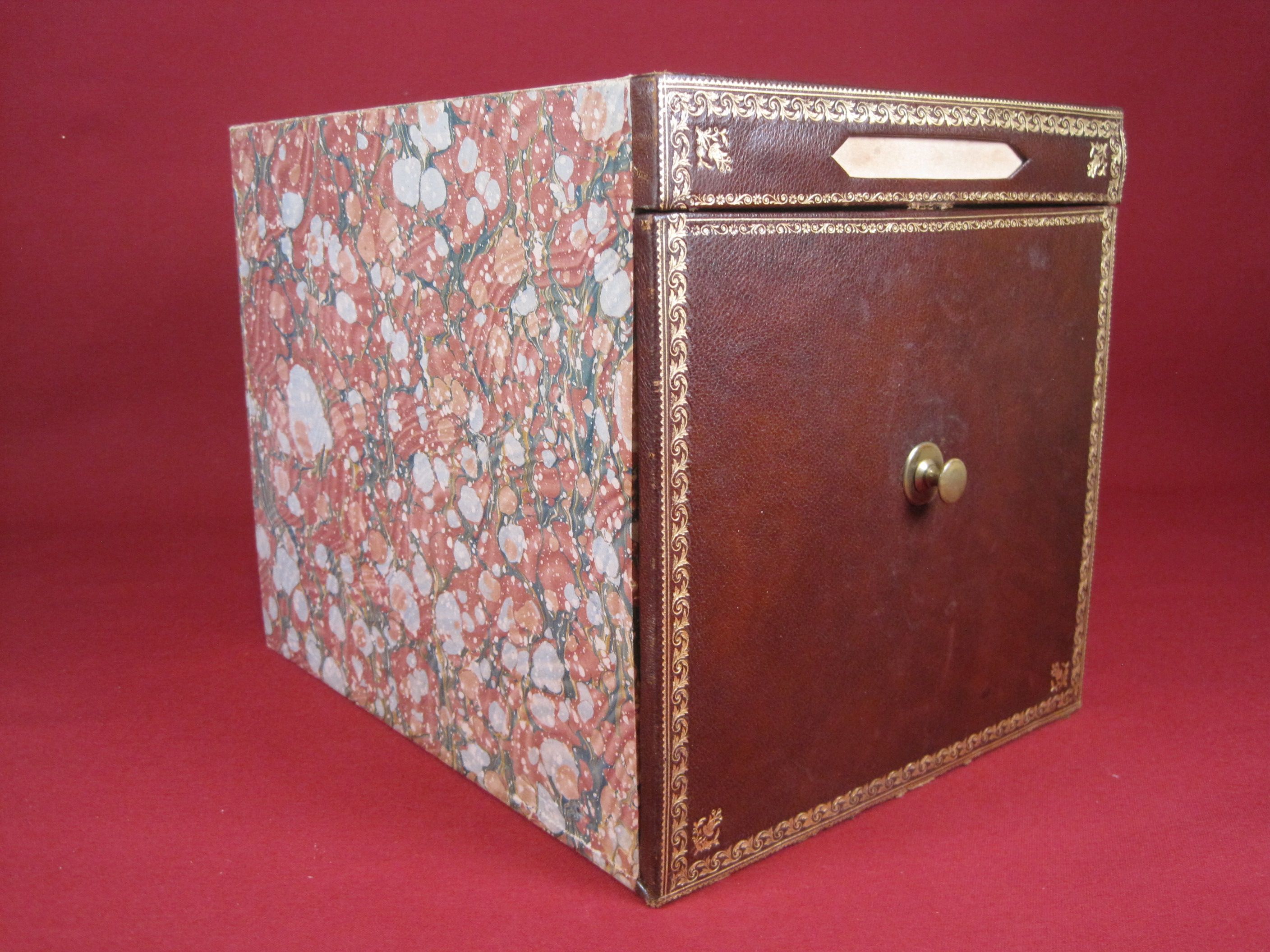 Old notary archive box in wood & leather, Office furniture early XX th