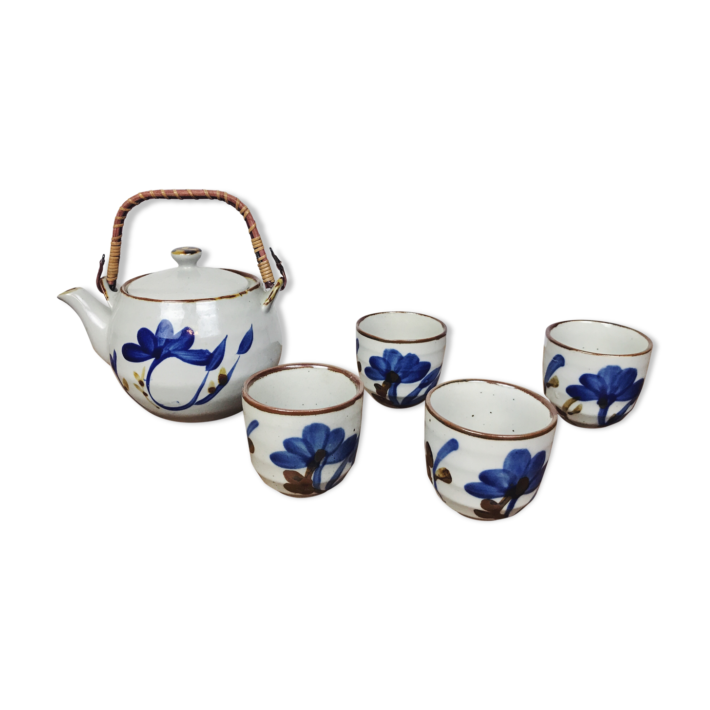 teapot and 4 cups in glazed stoneware - hand-painted blue décor