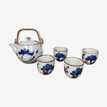 teapot and 4 cups in glazed stoneware - hand-painted blue décor