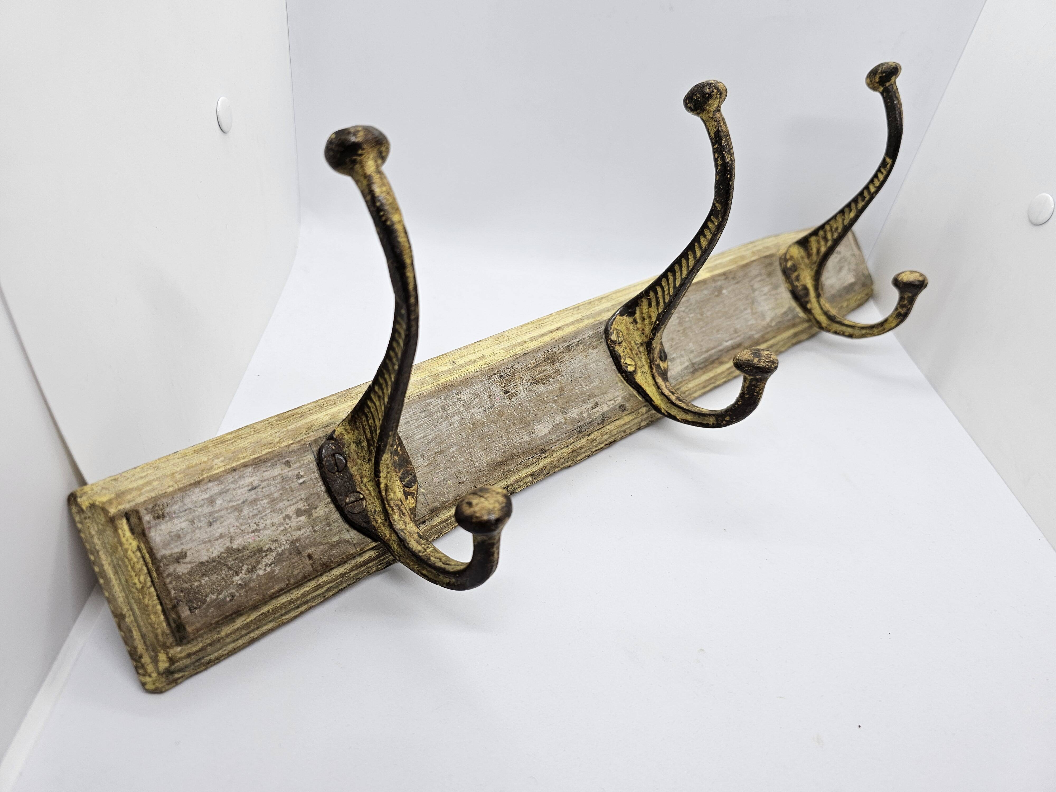 Solid teak coat hook with 3 double cast iron hooks