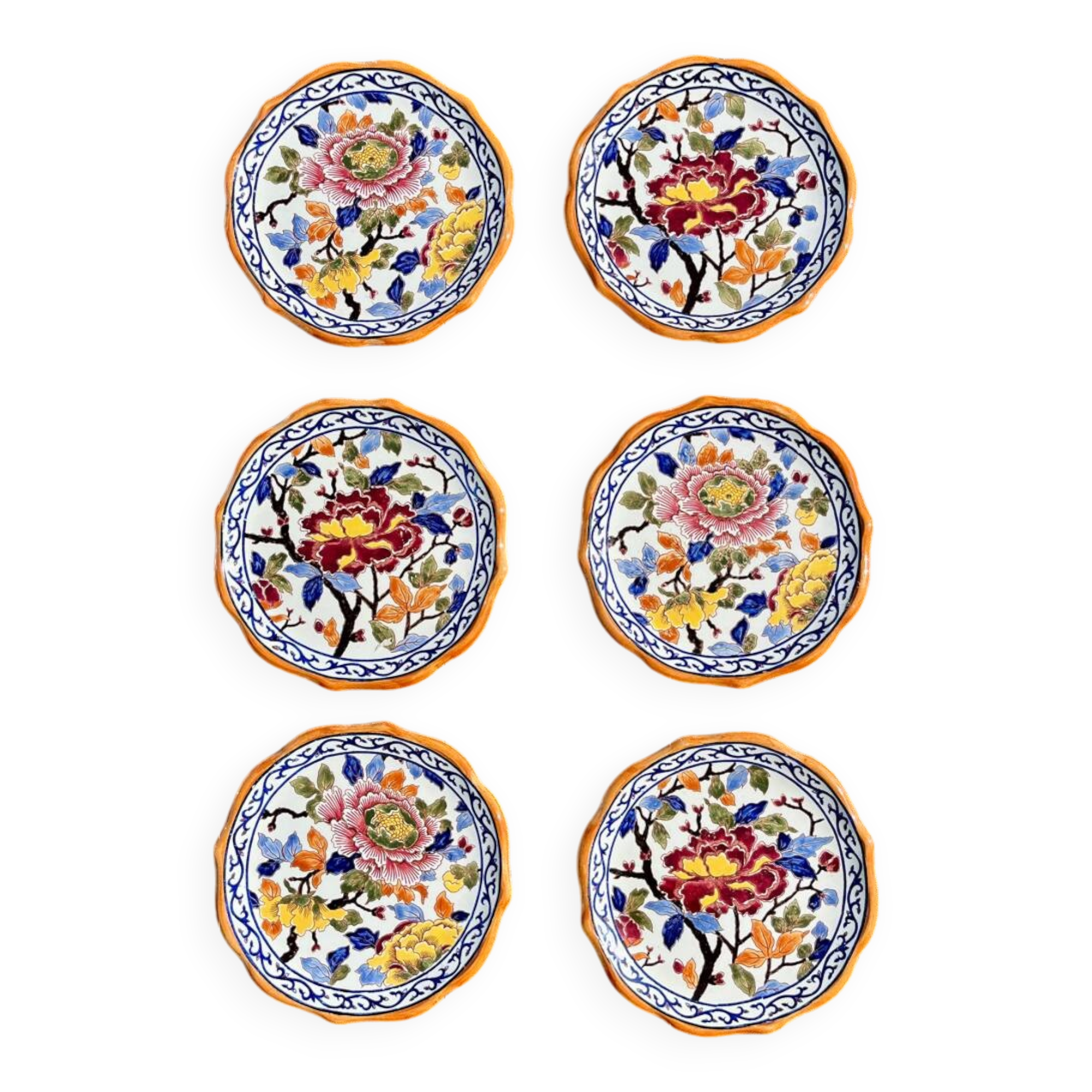 Set of 6 Gien earthenware dessert plates with peony decor
