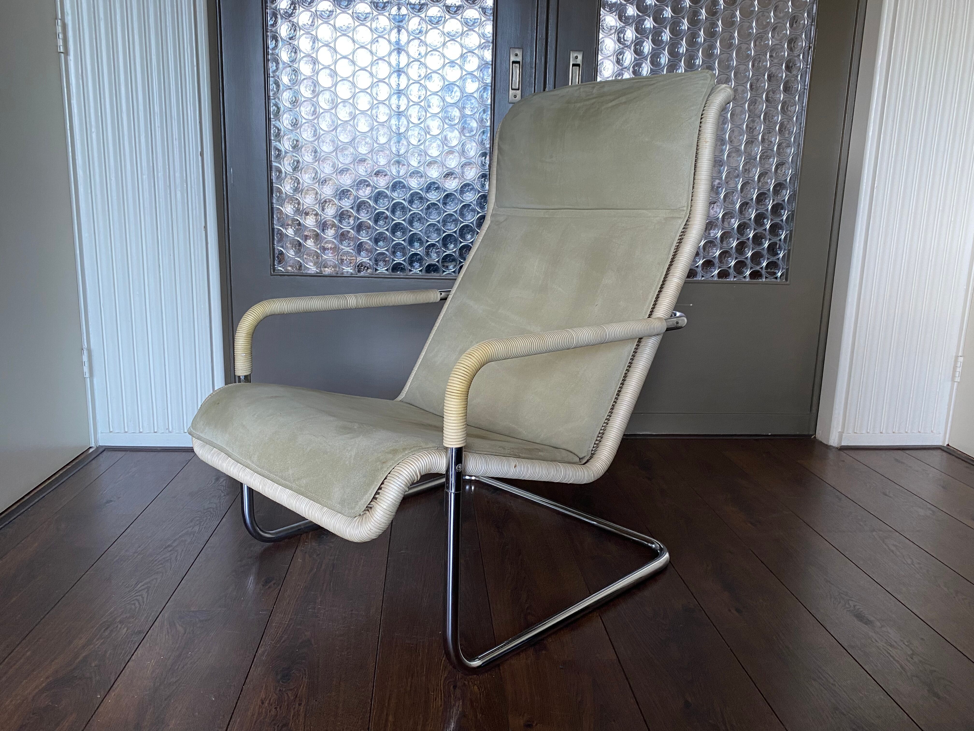 Vintage modernist chromed tubular steel, rattan & leather easy chair