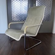 Vintage modernist chromed tubular steel, rattan & leather easy chair