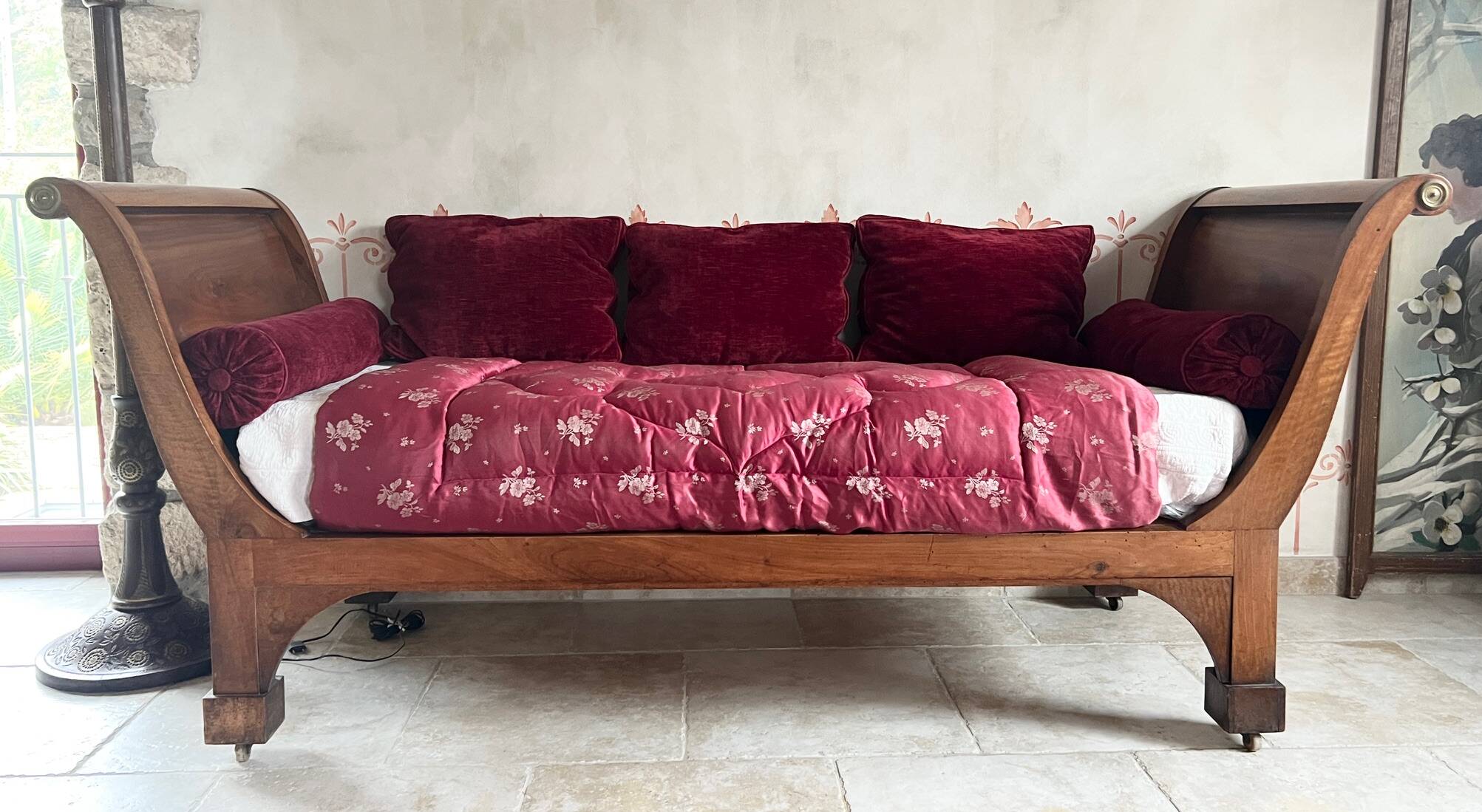 Empire style daybed (19th century) + new mattress (sleeping area 180x73cm), walnut chaise longue