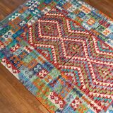 Oriental kilim rug afghan colored red green multicolored