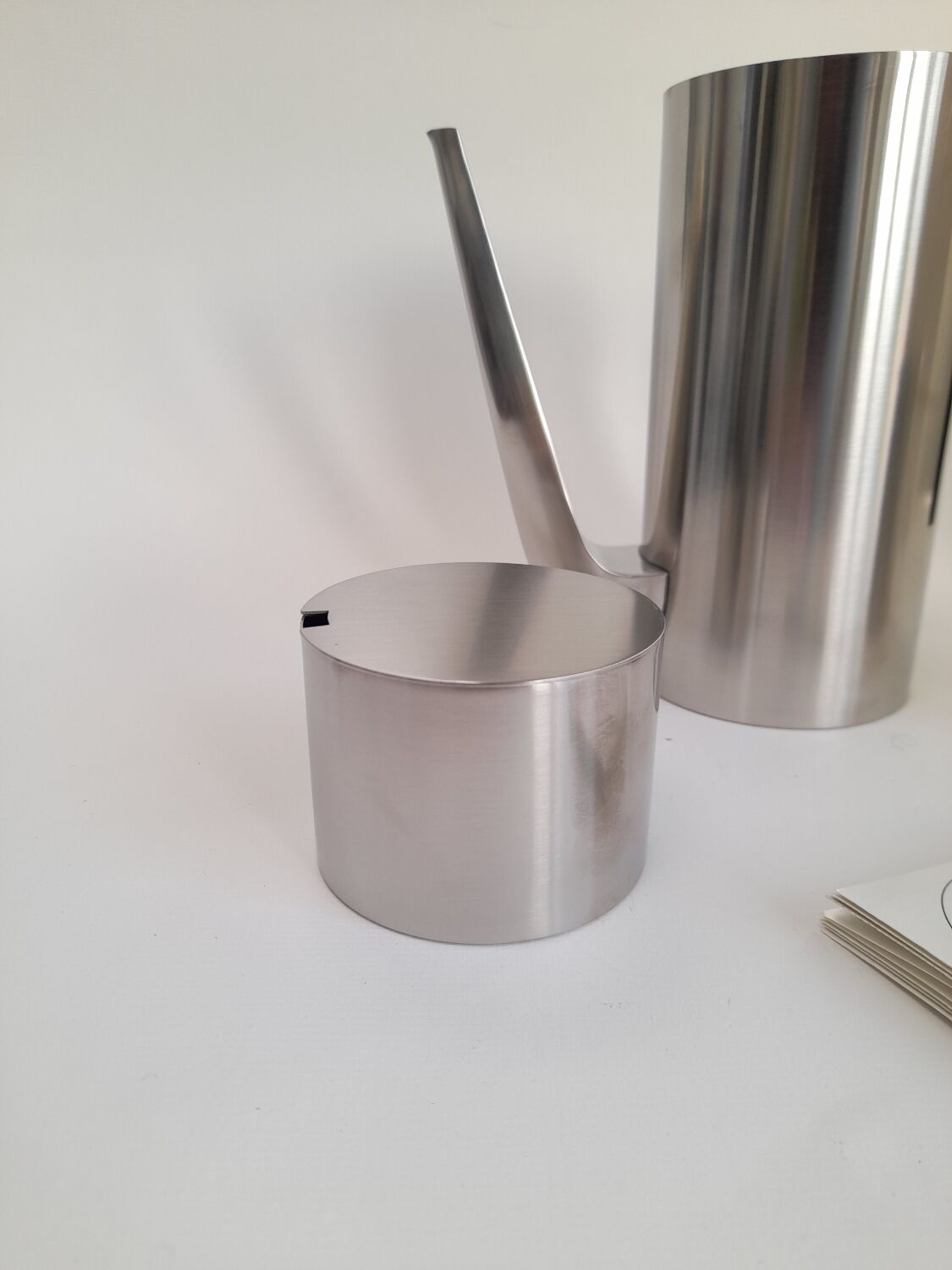 New 1968 Arne Jacobsen coffee pot, cream jug, and sugar bowl for Stelton.