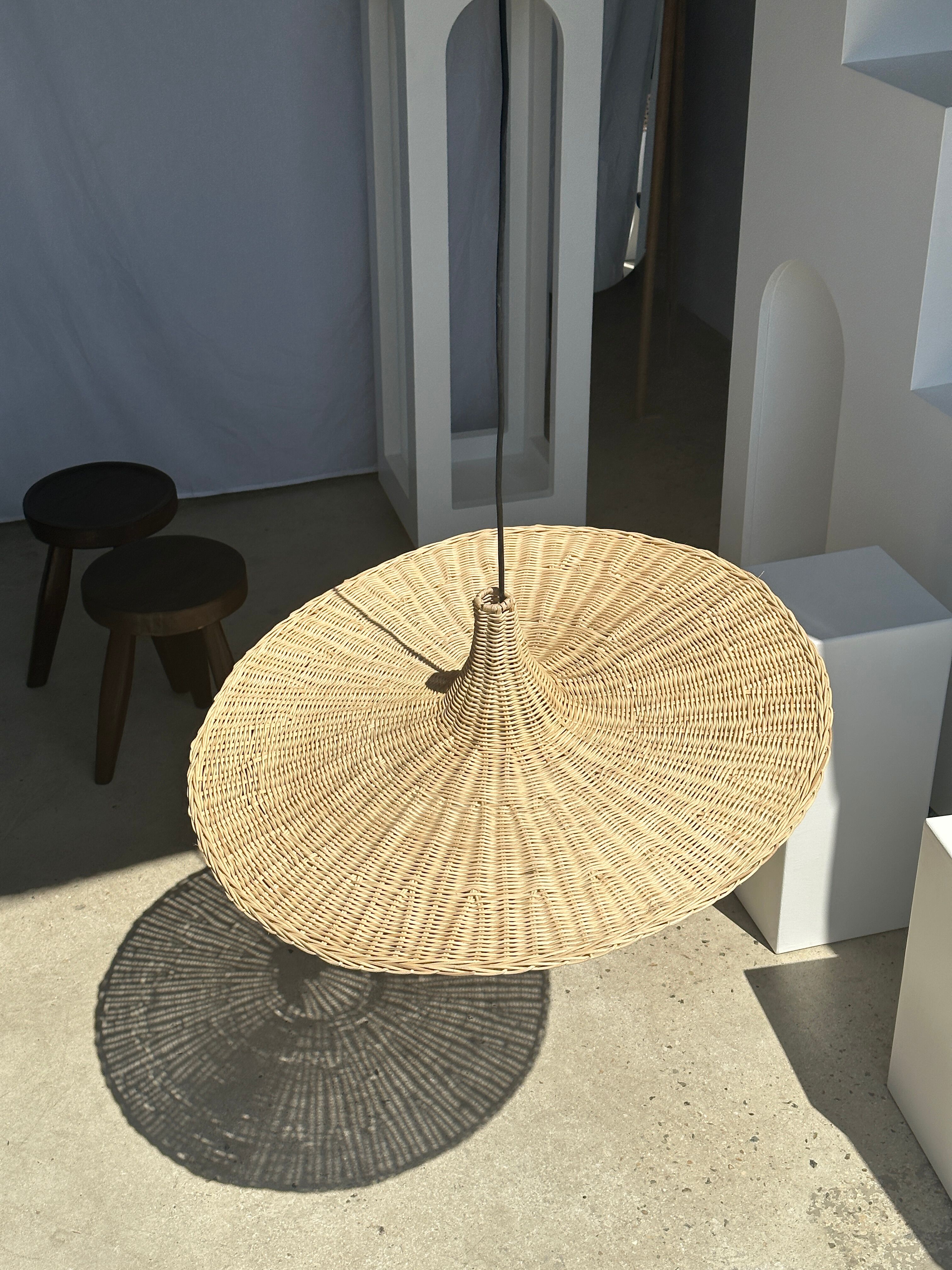 Large suspension, rattan luminaire in hat shape D:80cm