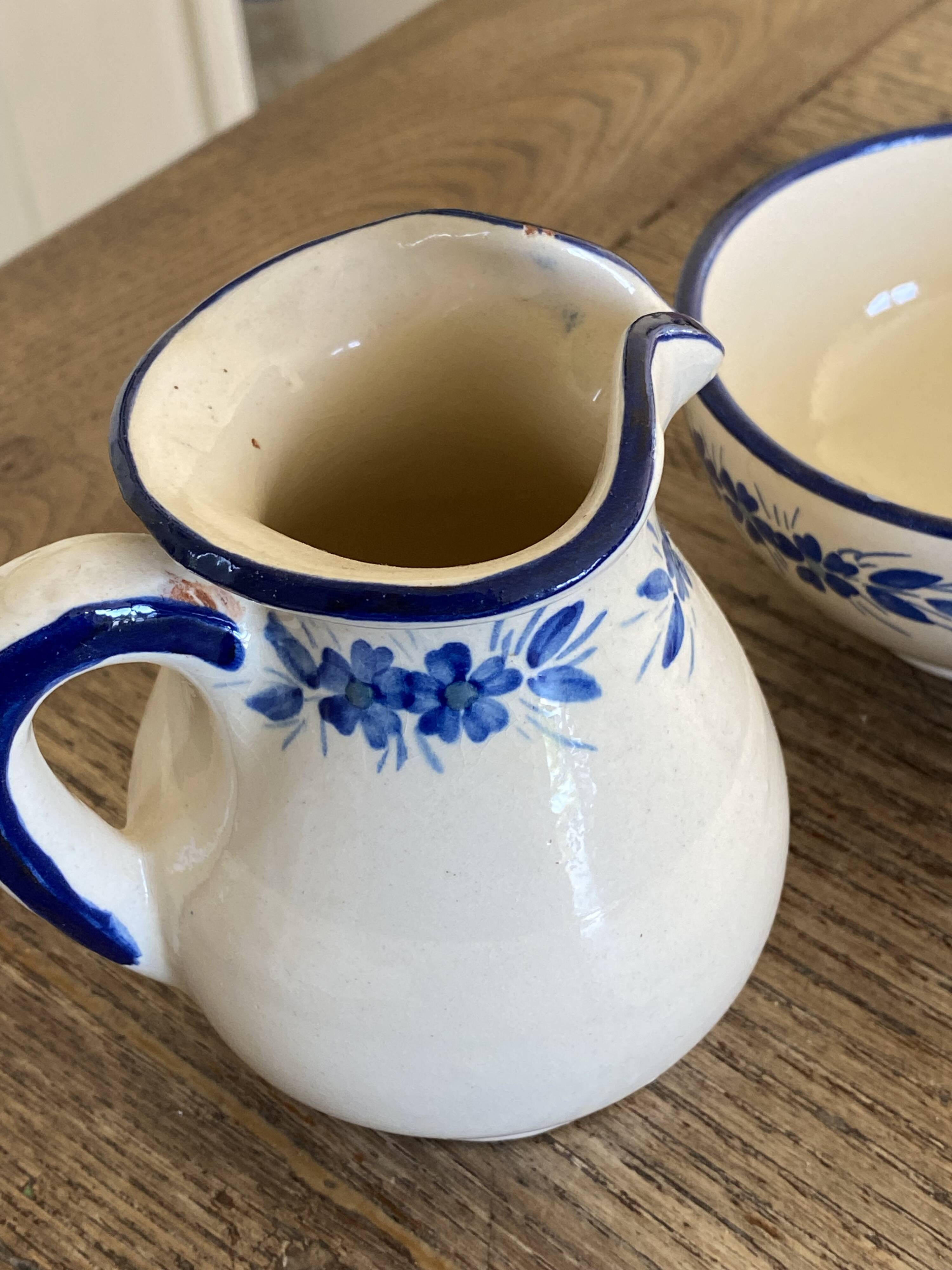 Handcrafted ceramic pitcher and bowl signed – blue decor – vintage tableware
