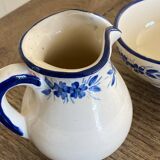 Handcrafted ceramic pitcher and bowl signed – blue decor – vintage tableware