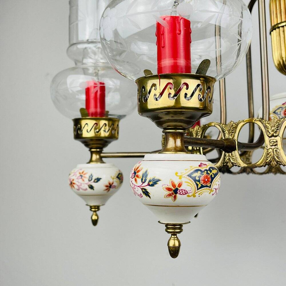 Vintage porcelain and brass chandelier, Italy, 1930s