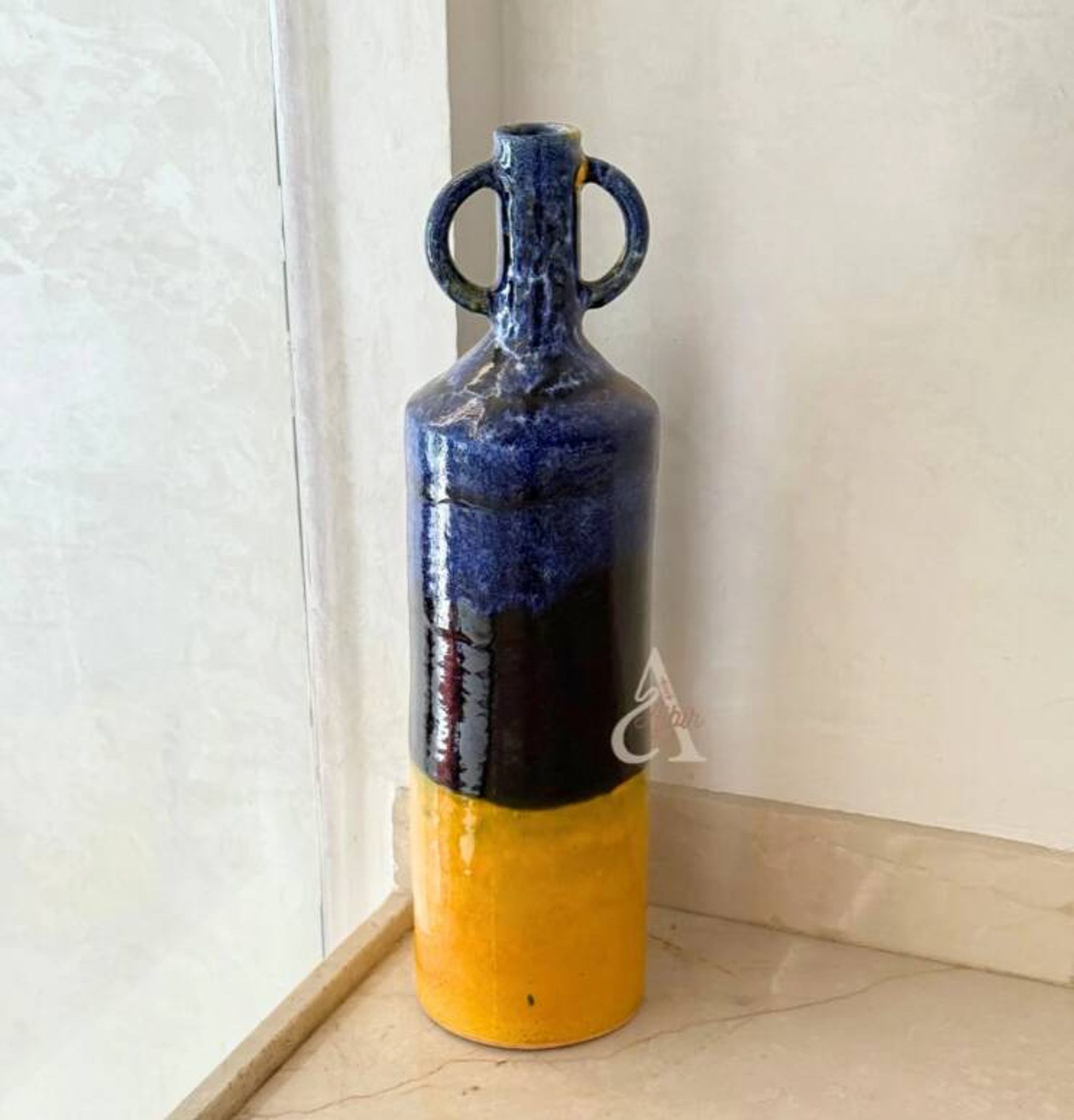 Large Moroccan Artisanal Vase in Majorelle Blue and Mustard Yellow