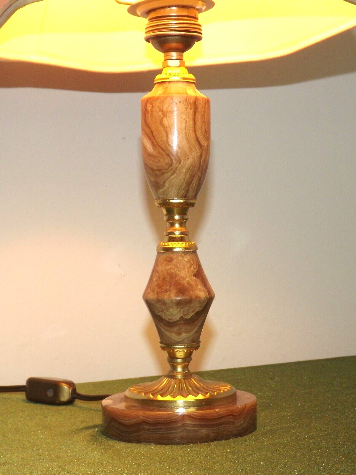 French vintage round brown marble table lamp gold detail beige fabric shade 4059